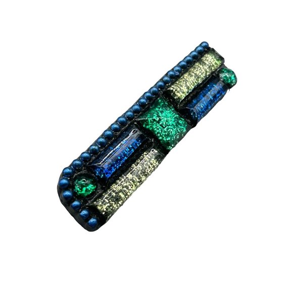 90s Handcrafted Brooch Blue and Green Glittery Pin Rectangle Geometric Design - Picture 1 of 7
